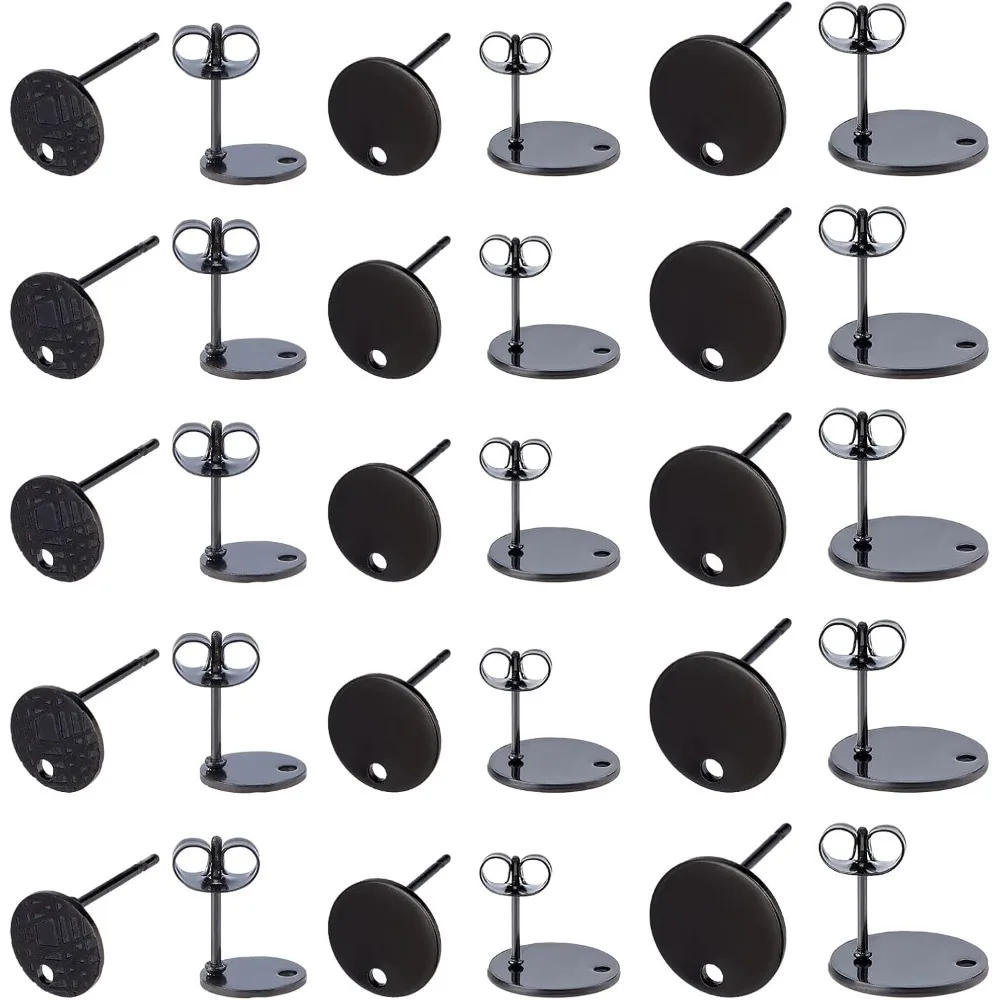 

24pcs 3 Sizes Stainless Steel Stud Earring Flat Round Earrings Posts Black Ear Stud with Loop and Ear Nuts Metal Earrings Stud