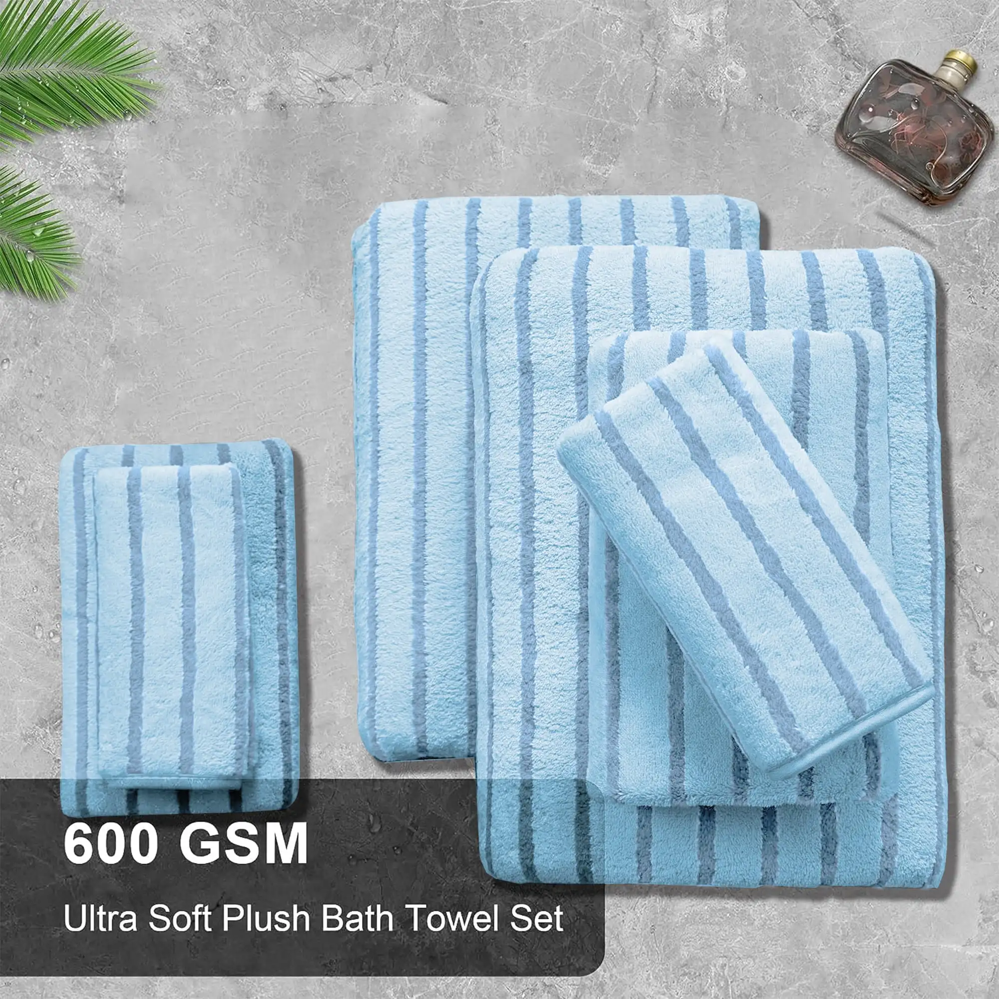 8 PCS Blue Bicolor Bar Stripe Large Bath Towels Set 2 Oversized Bathroom Towels 2 Hand Towels 4 Washcloths Soft Touch