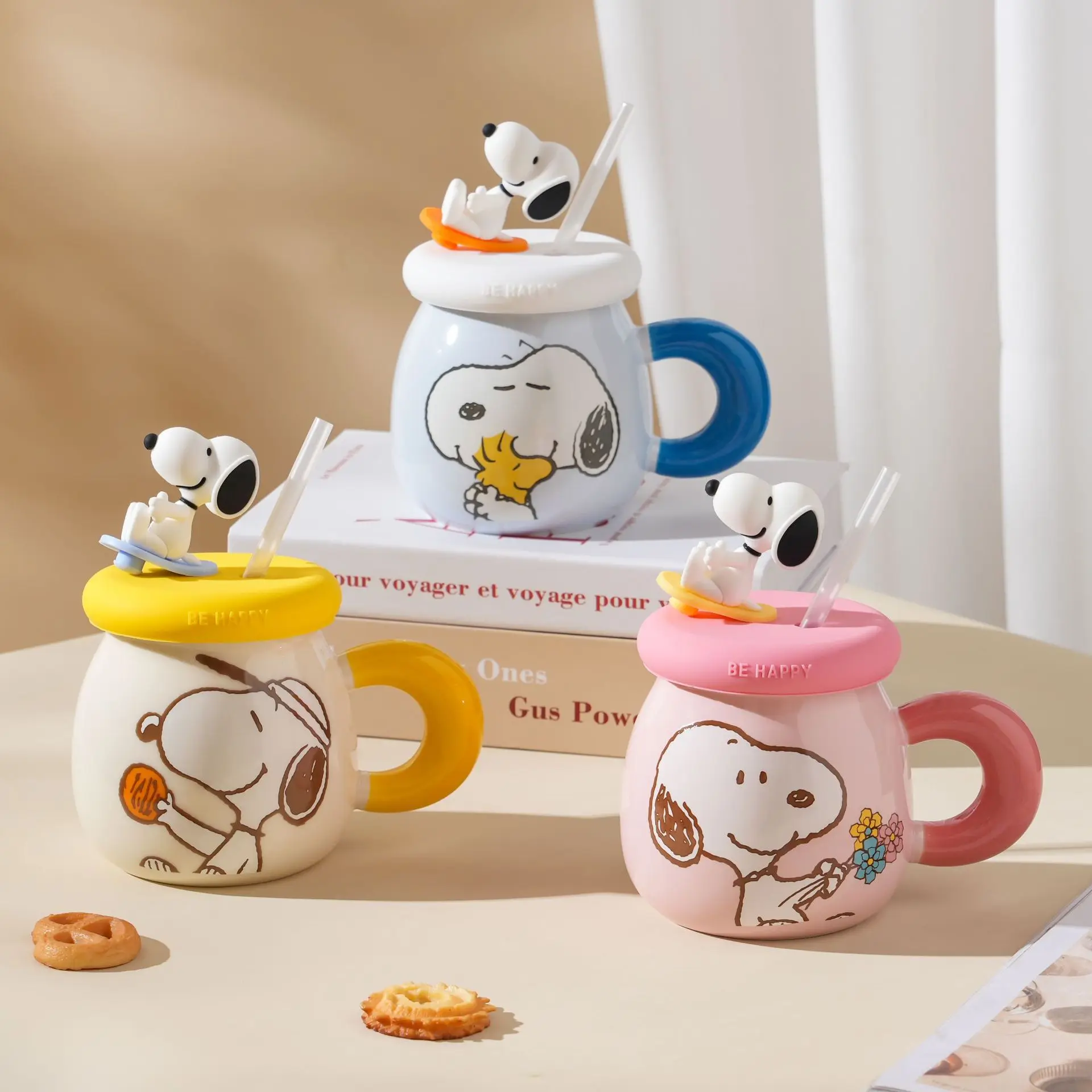 

500ML Snoopy Cartoon Cute Ceramic Mug with 3D Dustproof Lid Creative Multiple Colors Home Milk Coffee Cup Fashion Gift