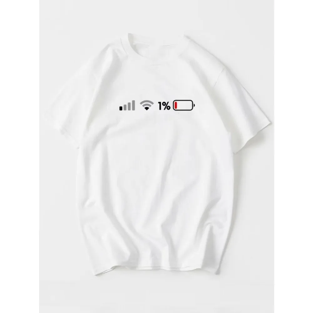 Funny Low Battery 1% T-Shirt Minimalist Phone Icon Graphic Tee Humorous Signal Strength Print Summer Short Sleeve Men Women Top