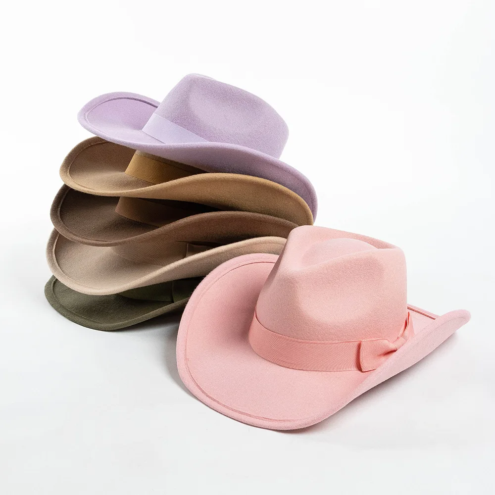 

Manufacturer Wholesale Fashionable Casual Bow Wool Wide Brim Cowboy Hat Key Warm Felt Fedora
