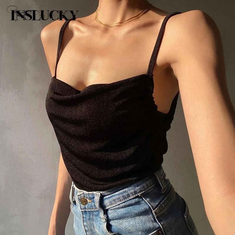 

InsLucky Sexy Backless Shirring Folds Vest Crop Top For Women Fashion Elegant Spaghetti Strap Sleeveless Slim Tank Solid Camis