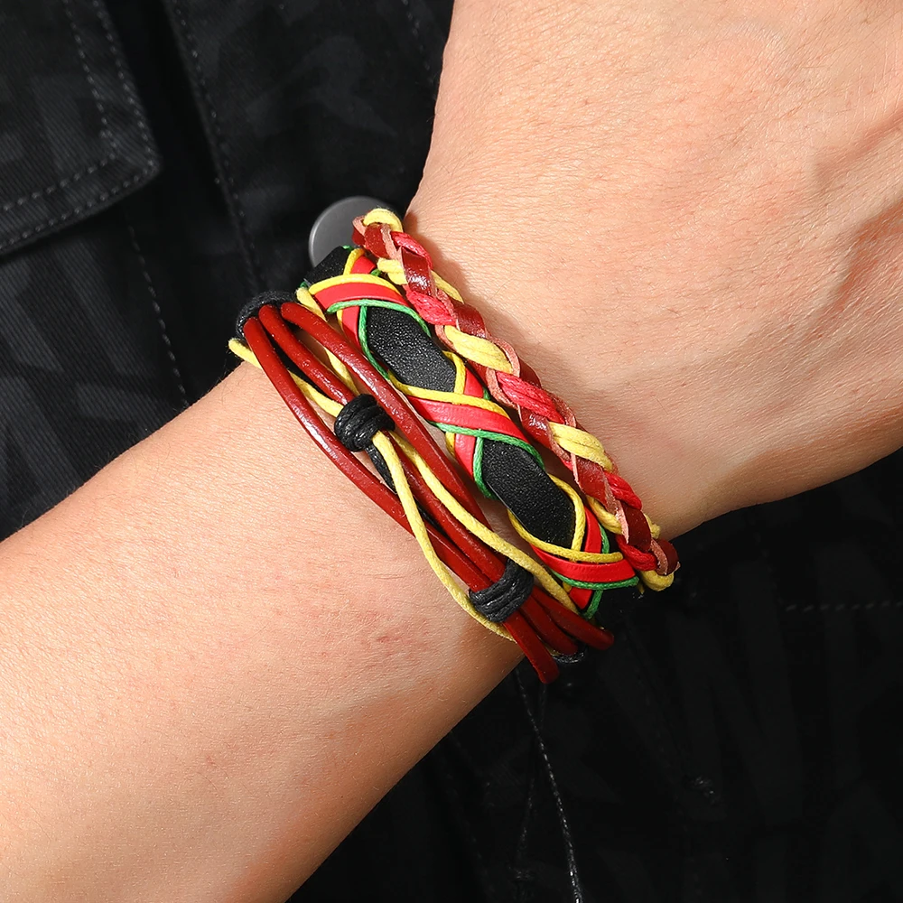 Red yellow green colored leather woven bracelet flag color jewelry