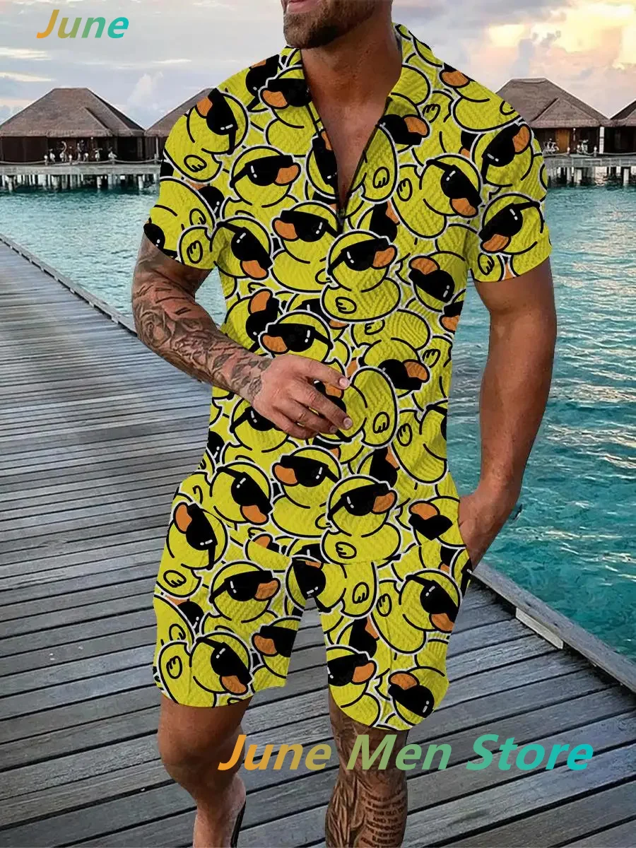 2024 Hot Men\'s 3D Duck Patterned Summer Sportswear,Polo Shirt And Round Neck Shorts Set,Zipper Casual Wear,Elegant Suit Set