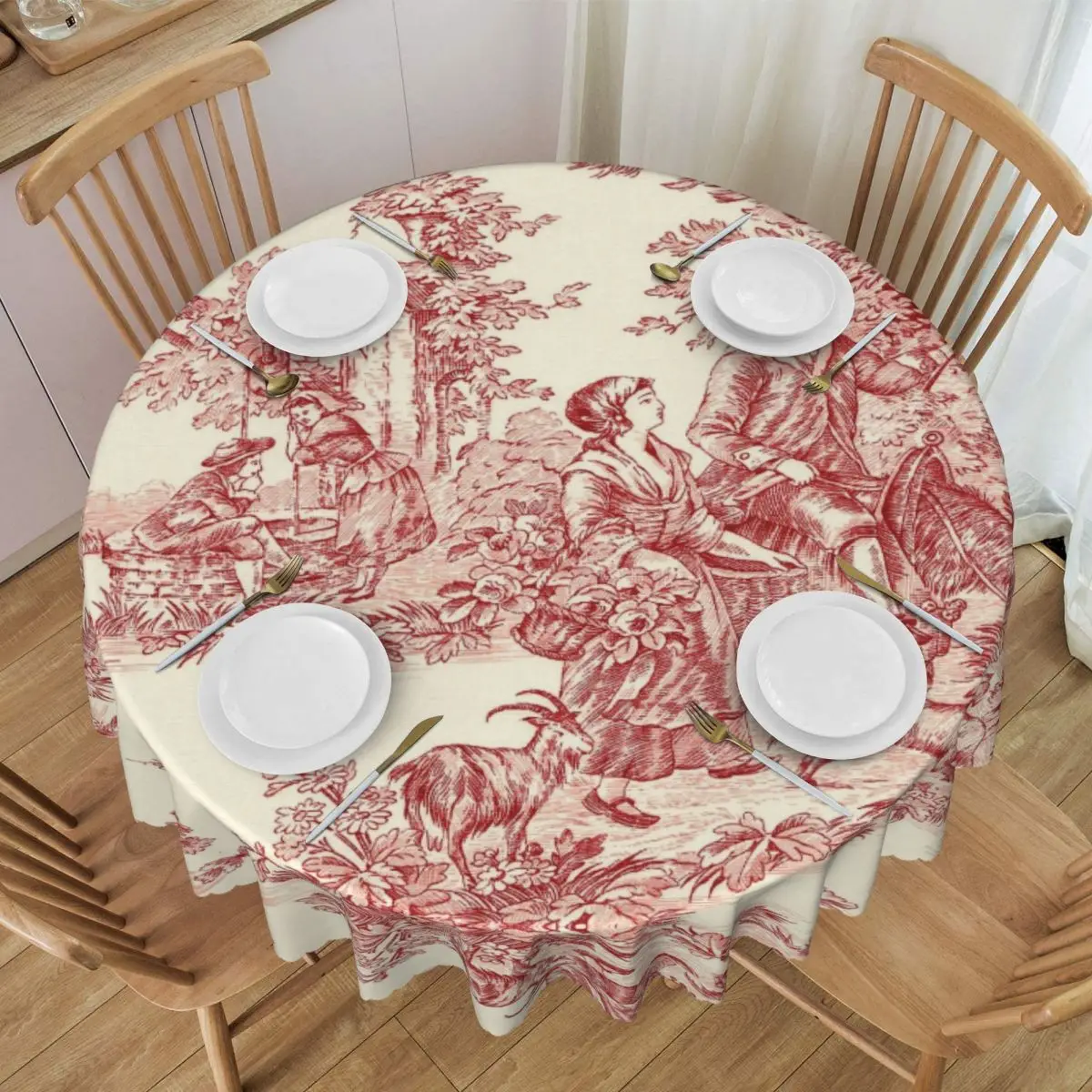 French Country Toile De Jouy Tablecloth Round Waterproof Motifs Table Cover Cloth for Banquet 60 inches