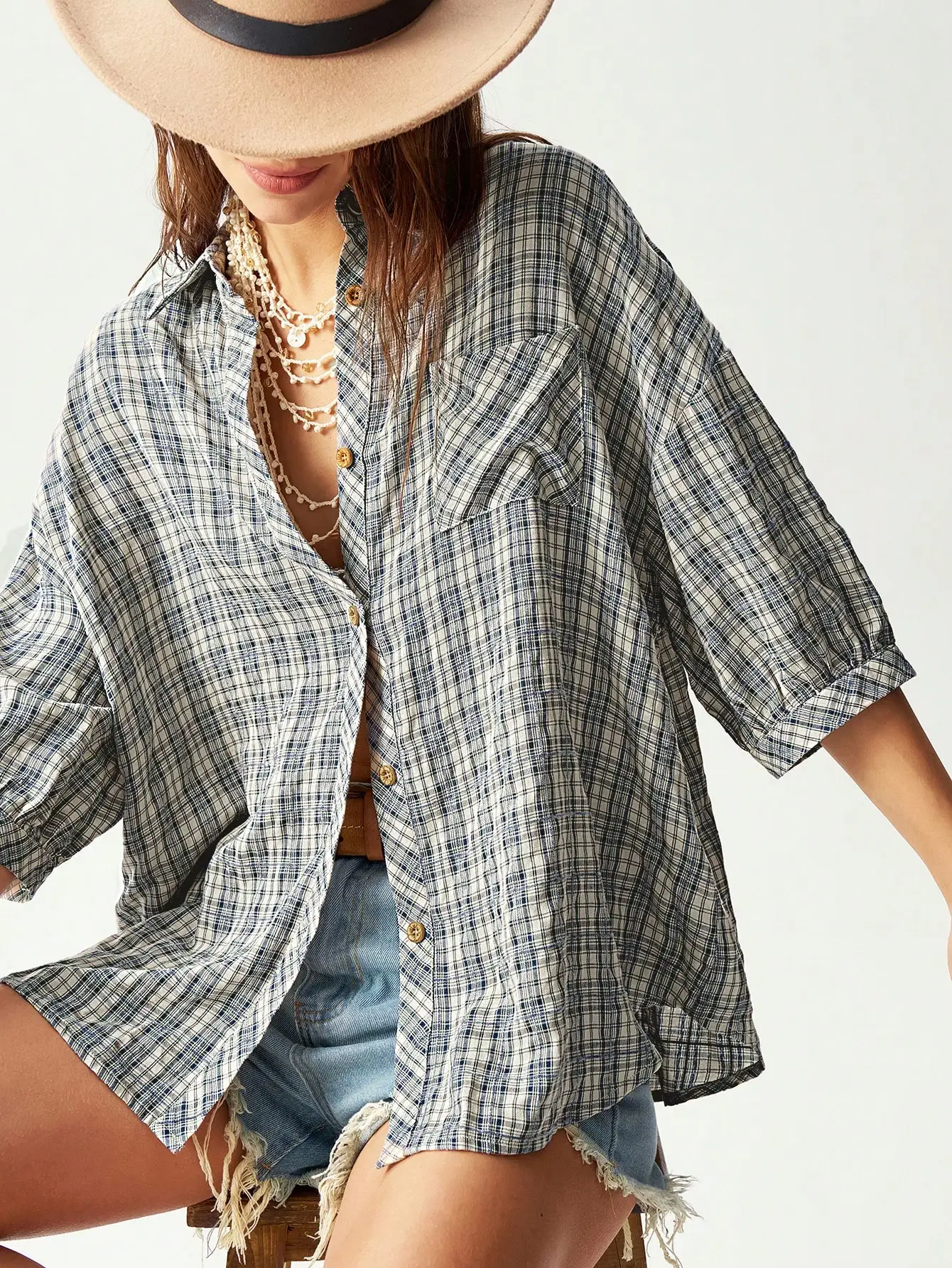 

Casual Plaid Short Sleeve Loose Fit Blouse For Women