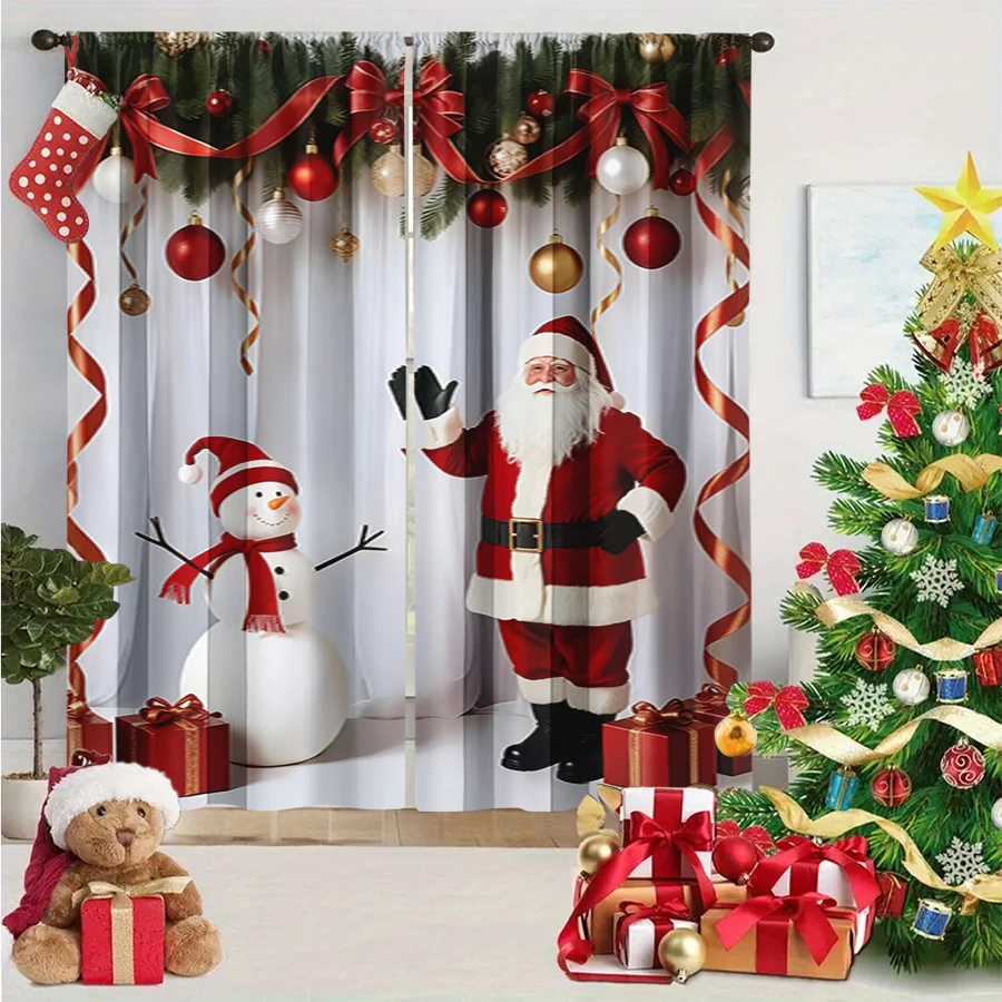 2PCS Santa Snowman Christmas Print Curtains, White Background Red Ribbon Bauble Window Drapes for Xmas Holiday Bedroom Decor