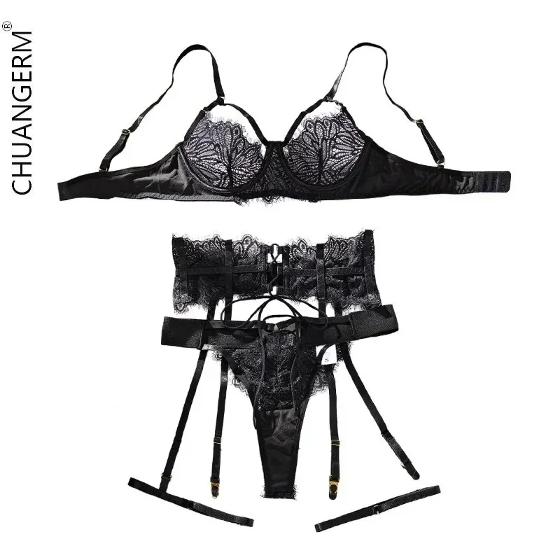 CHUANGERM Sexy Lingerie Black Lace Embroidery Hollowed Out with Sexy Underwear Gathering Four-piece Set Onlyfans Valentine\'s Day