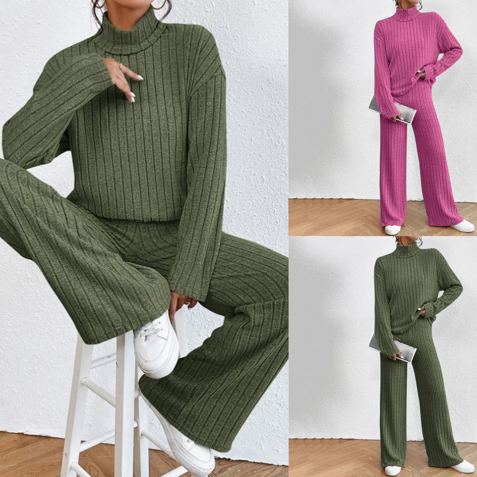 2024 Spring Knitted 2 Piece Sets Women Tracksuit Long Sleeve Vintage Sweater Crop Top Flare Pants Stretch Matching Suit Outfit