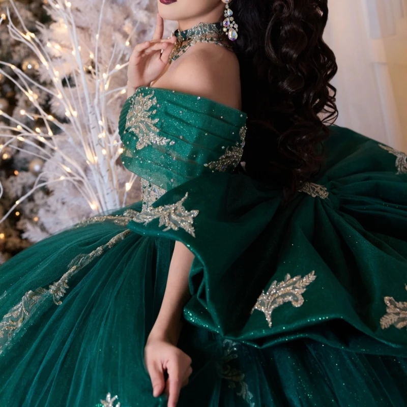 Vert foncé brillant Quinceanera robes hors de l'épaule or Applique dentelle perles arc princesse luxe doux 16 robe vestidos 15