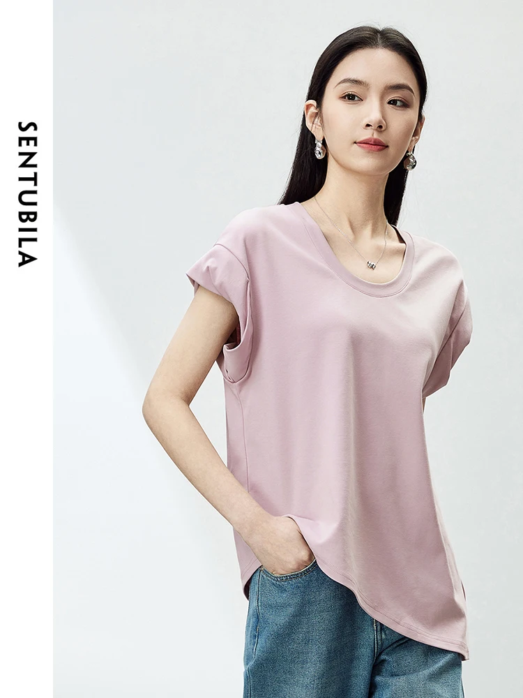 

SENTUBILA Round Neck Cotton Blend T-shirt Women 2024 Summer Loose Tee Korean Irregular Solid Short Sleeve Womens Tops 142T54063