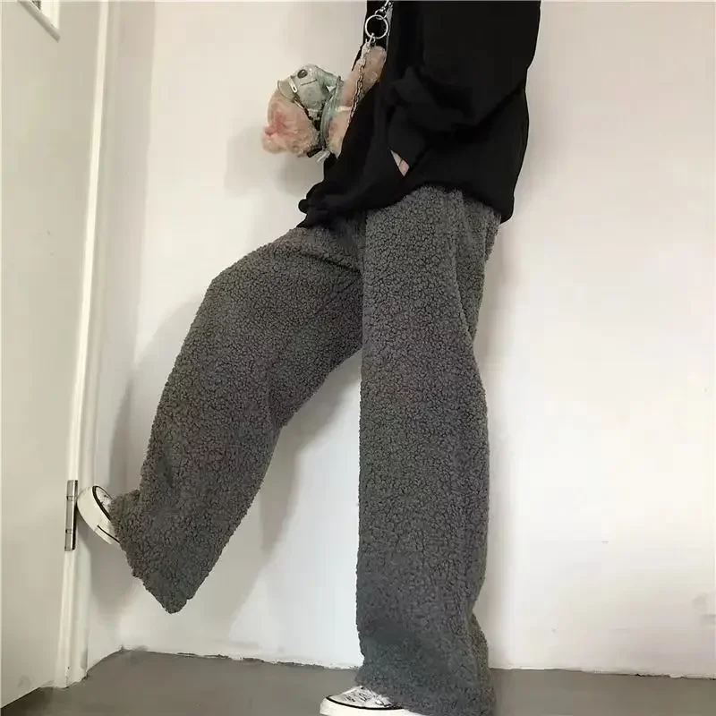 Winter Lamb Fluffy Warm Thick Sweatpants Joggers Women Harajuku Wide Leg Harem Pants Baggy Casual Straight Trousers Korean Style