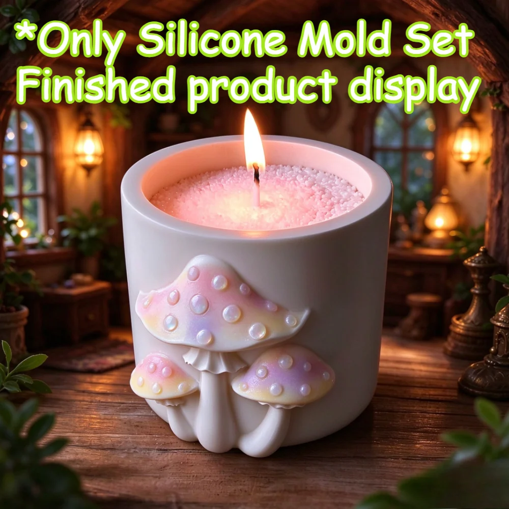 3D Mushroom Relief Candle Cup Silicone Mold with Base, DIY Candle Vessel Mould for Home Decor & Handmade Gifts