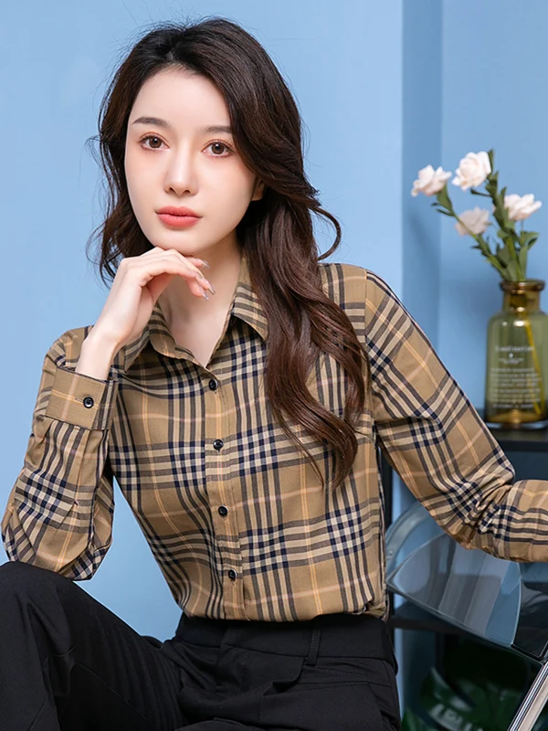

Classic Plaid Long Sve Women's irt Spring 2025 Faion Trend Retro Hong Kong Sle Slimming Inner Wear Top Cotton Polyes...