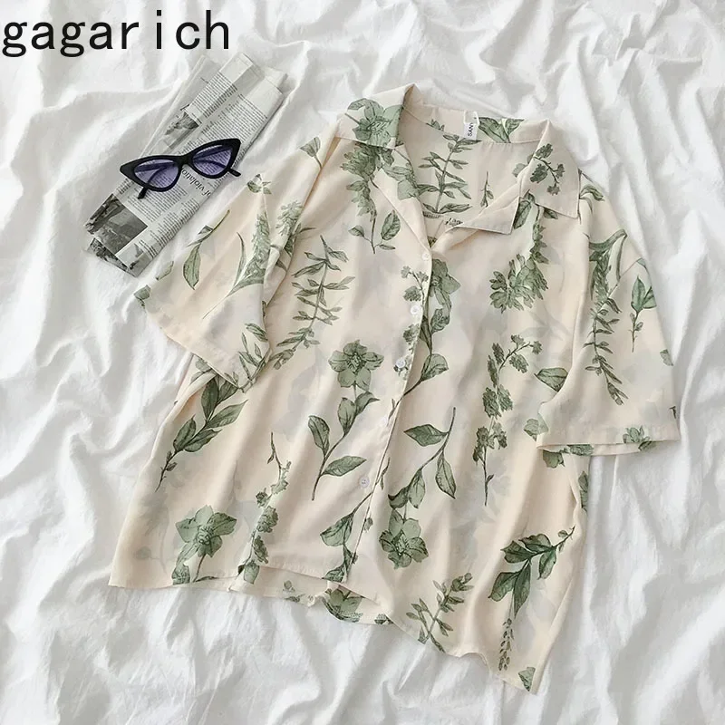 Gagarich Women Blouses Vintage Floral Short Sleeve Chiffon Notched Elegant See Through Beach Streetwear Chic Female Shirt Tops