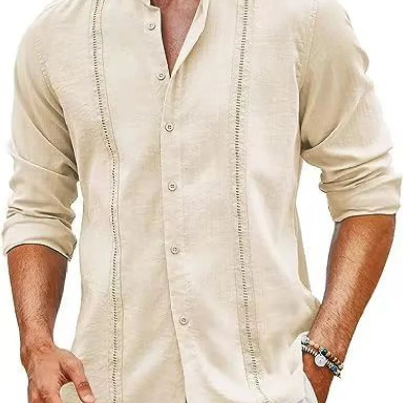 Camicia di canapa in cotone per le vacanze estive al mare con bottoni di tendenza casual in stile cubano di nuova moda da uomo Camicia di lino allentata Colletto alla coreana allentato