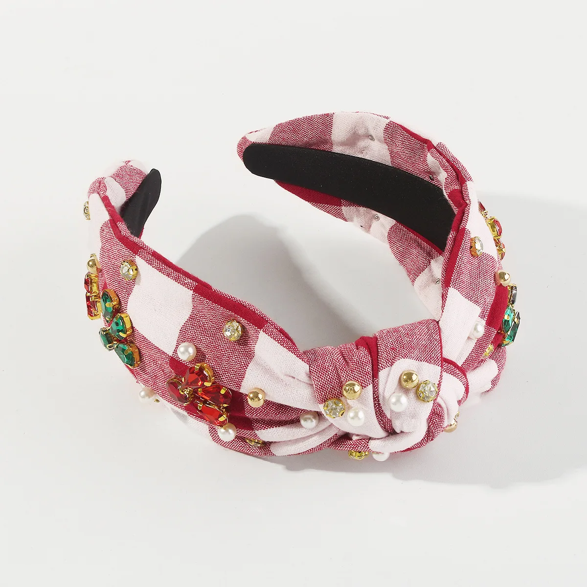 F6716 European and American Cross-border Christmas Checkerboard Diamond-studded Fabric Knotted Beaded Headband