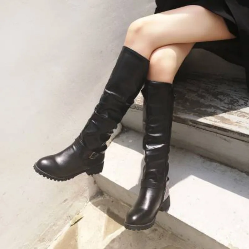 2025 Female Zip Leather Knee High Boots Women Buckle Long Knight Boots Female Combat Boots Ladies Low Heels Shoes Yellow