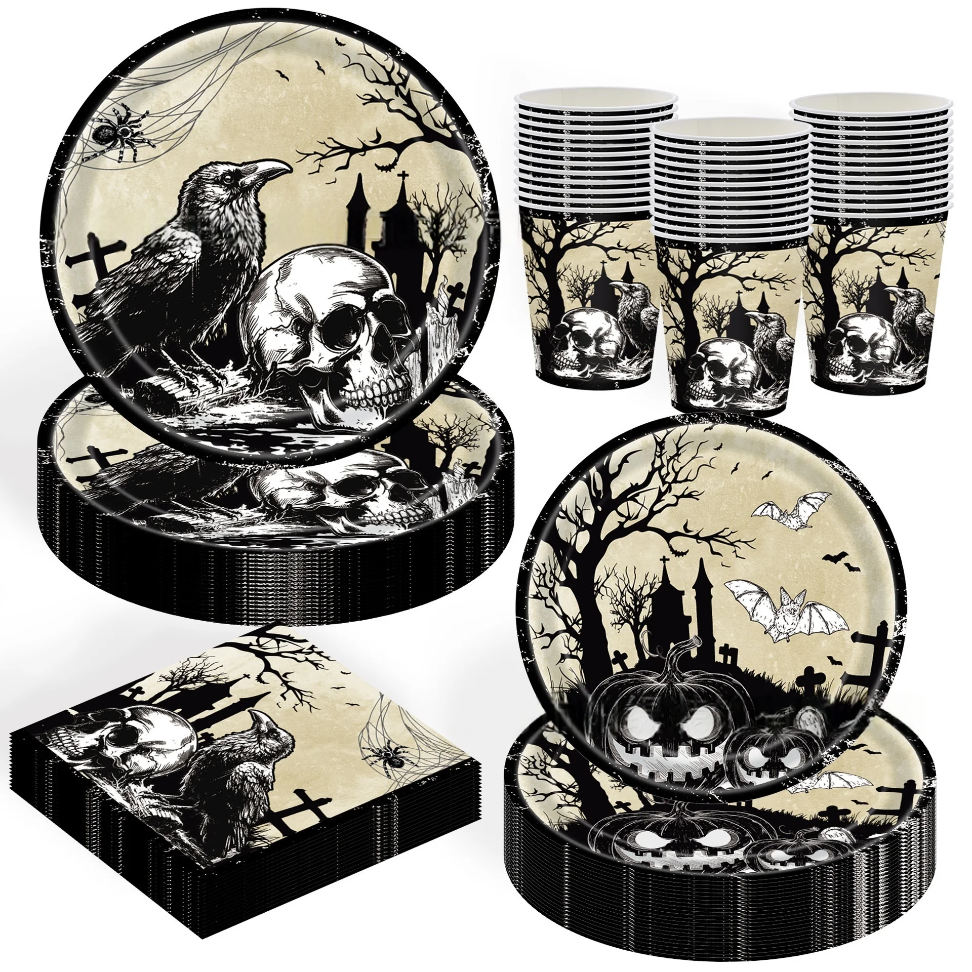 【セール中】20p ハロウィンテーマホラースケルトンカラス使い捨て紙皿ホリデーパーティー食器装飾サプライ装飾セット