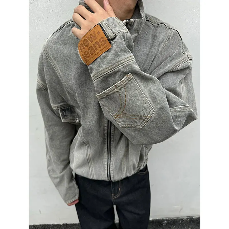 

Мужская джинсовая куртка Boxy Fit с воротником-стойкой, свободная верхняя одежда, перевернутый дизайн, уникальный маленький ence Feeling, повседневная спортивная осень