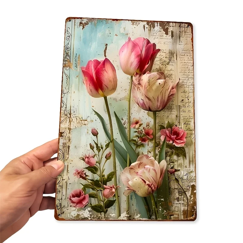 Vintage Floral Metal Tin Sign,  , Rustic Iron Wall Art, Deco