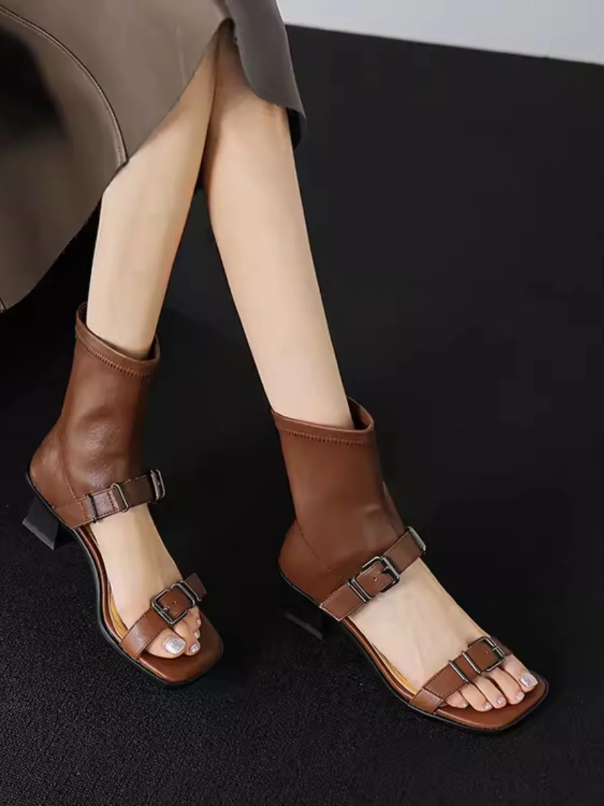 

Real Cowhide Women's Summer Boots,Square Head Shallow Mouth Belt Buckle Mid-calf Elastic Soft Roman Sandals Shoes for Women