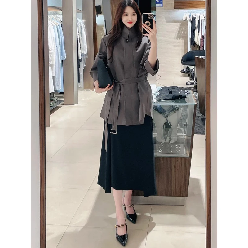 

Ele ort Sle Women's Windbreaker Coat with Stand Collar Single Button Belted Waist Selfwill Commute Straight Cut