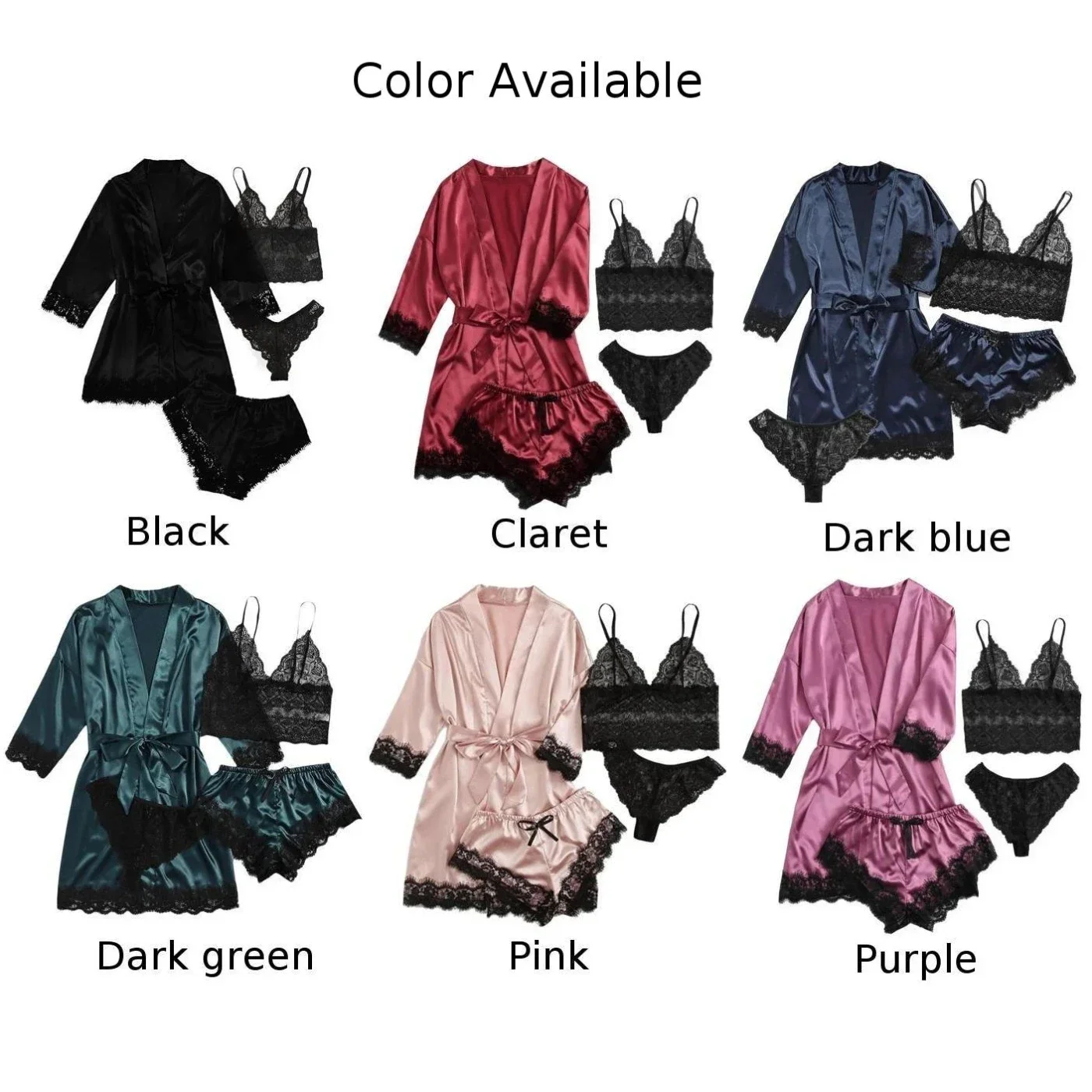 4 Pieces Woman Sleepwear Pajamas Ser With Robe Sexy Lace Lingerie Bathrobe Silk Satin Home Clothed Nightwear Robe