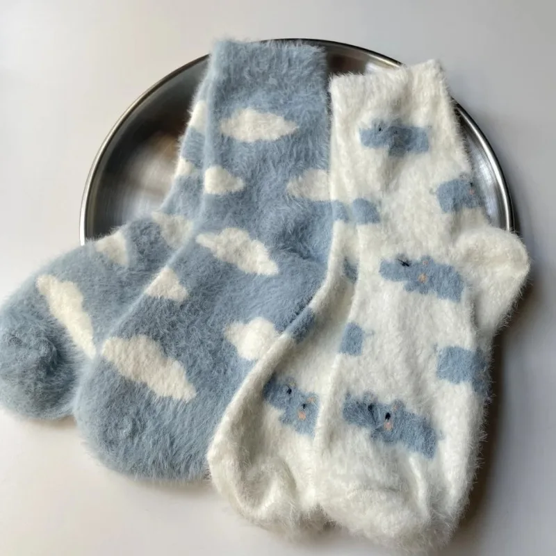 Winter Warm Mink Fleece Socks Thickening Tube Socks Blue Sky White Cloud Socks Soft Skin-friendly Warmth Comfortable Sock