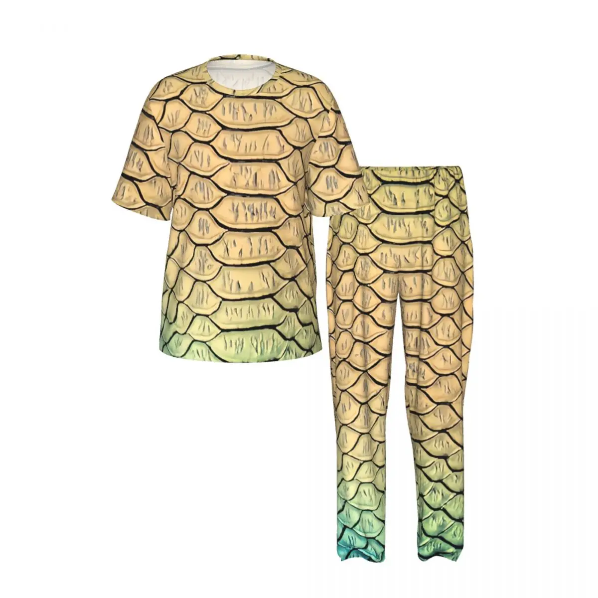 Men's Pajamas Set Summer Short-Sleeve Tops + Long Pants Nightwear Home Wear Suits Snake Skin Texture Print Sleepwear