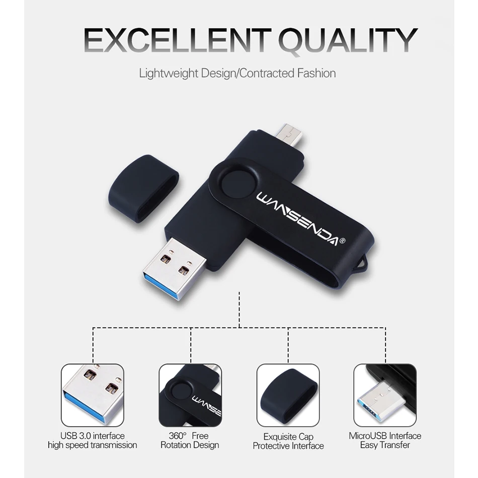 WANSENDA OTG USB 3.0 Flash Drives for Android/PC 8GB 16GB 32GB Pen Drive 64GB 128GB 256GB External Storage 2 in 1 Pendrive