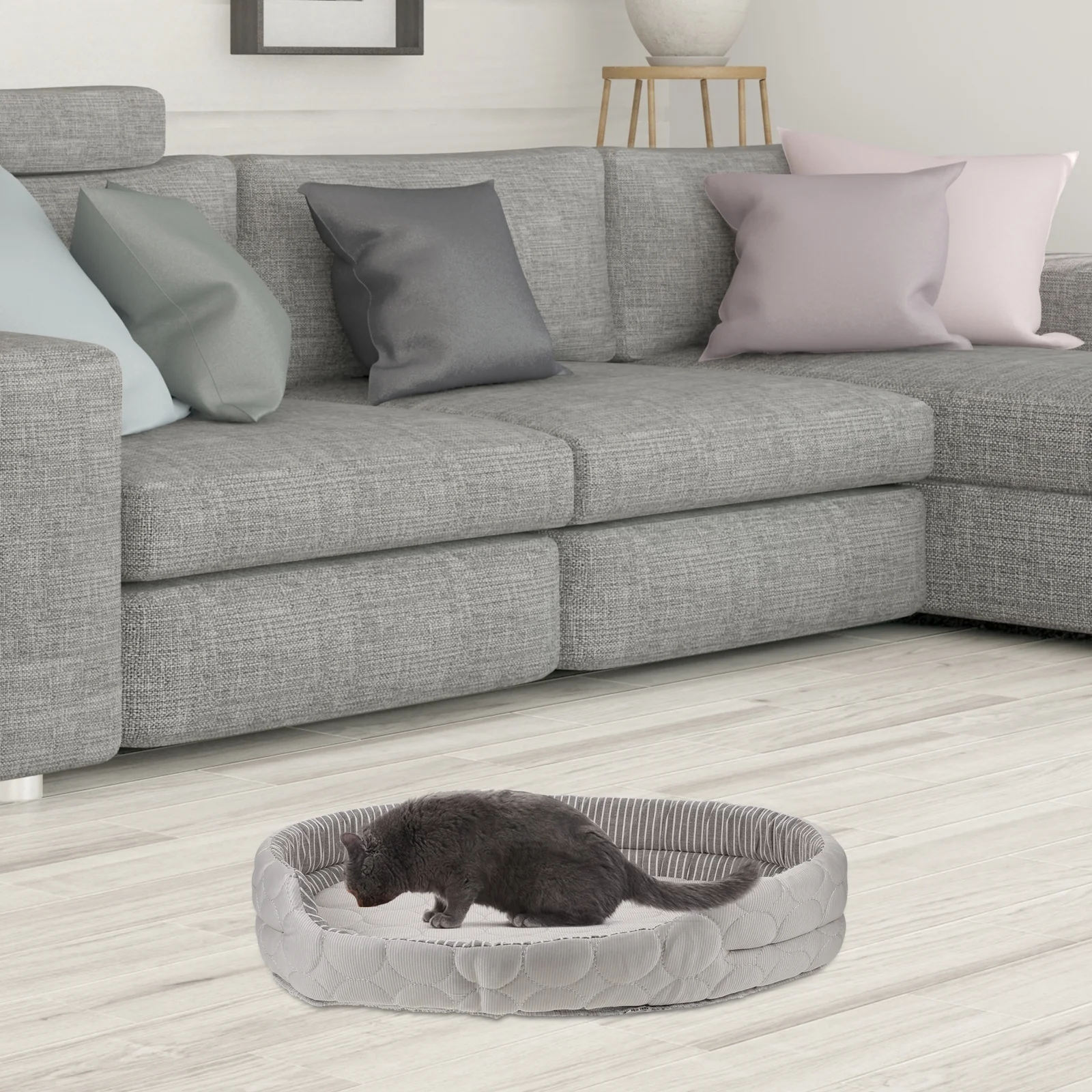 

Summer Pet Cooling Mat Oval Kitten Bed Washable Detachable Stripe Fabric Cooling Bed Indoor Outdoor for Dogs Cats