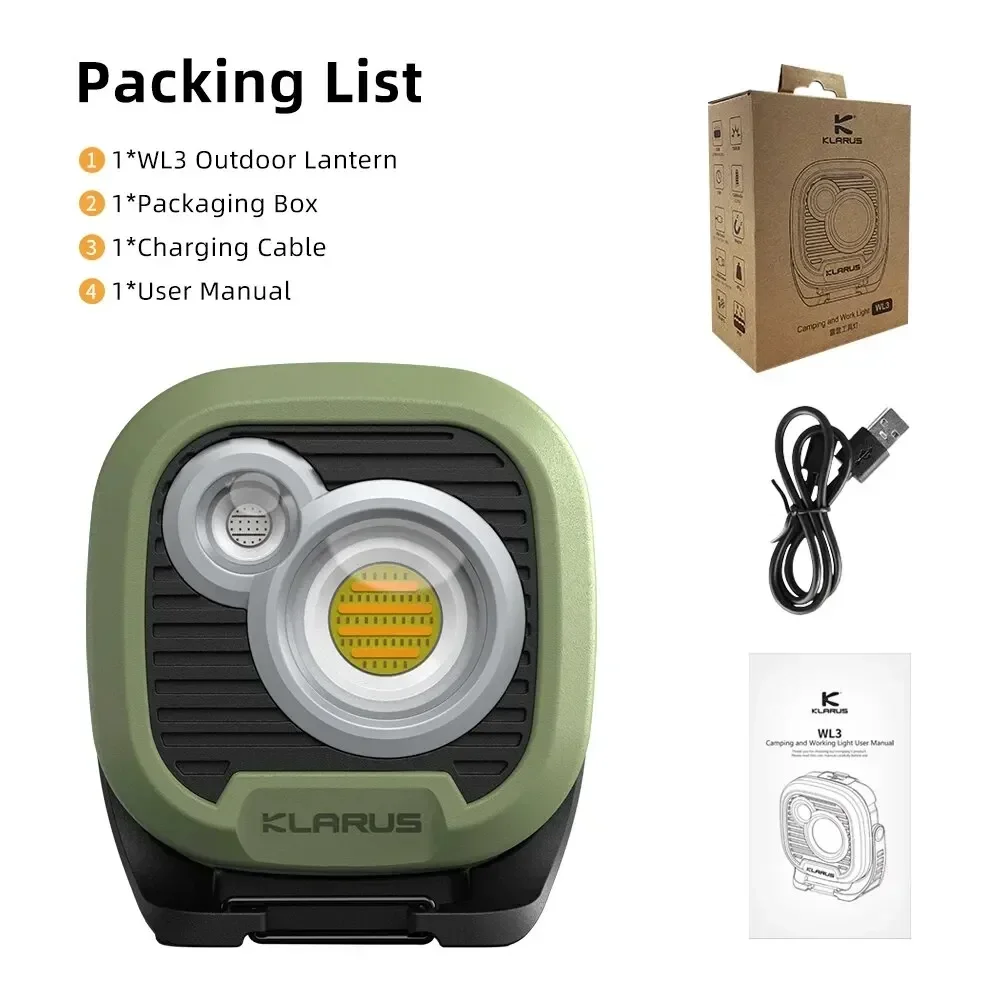 Klarus WL3 Portable COB Flashlight Dual-color Camping Light 1500 Lumens 13500mAh Rechargeable Battery Magnetic LED Flashlights