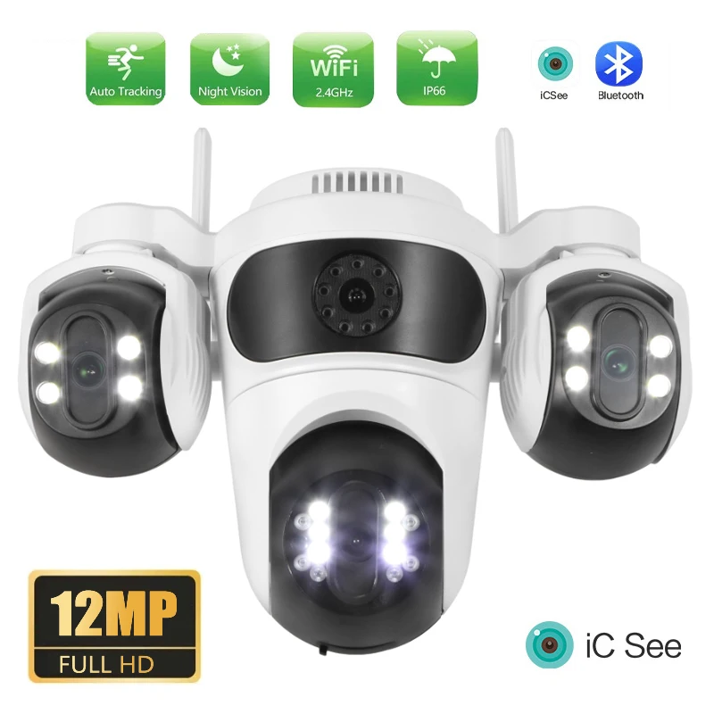 12MP WIFI IP Camera Three Screens PTZ Camera Human Detection Night Vision Security CCTV Surveillance Four Lens Camera iCsee APP