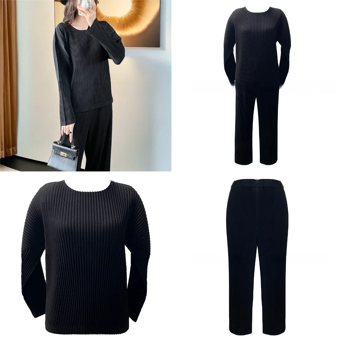 

Miyake Pleats 2025 Minimalist Pleated Two-Piece Set Long-Sleeved Sweatshirt with Straight-Leg Wide-Leg Trousers Casual Ensemble