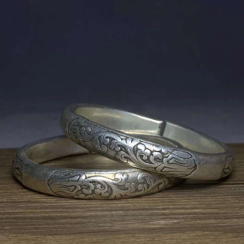 brazalete-antiguo-con-diseno-floral-Etnico-plata-925-articulo-vintage-brazalete-abierto-para-mujer