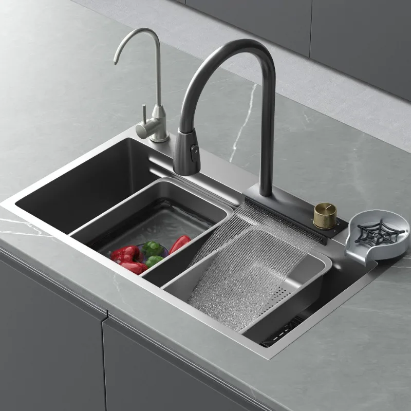 

New Grey Flying Rain Waterfall Stainless Steel Sink Wash Dishes Vegetable Basin Handmade Single Sink Kitchen Accessories