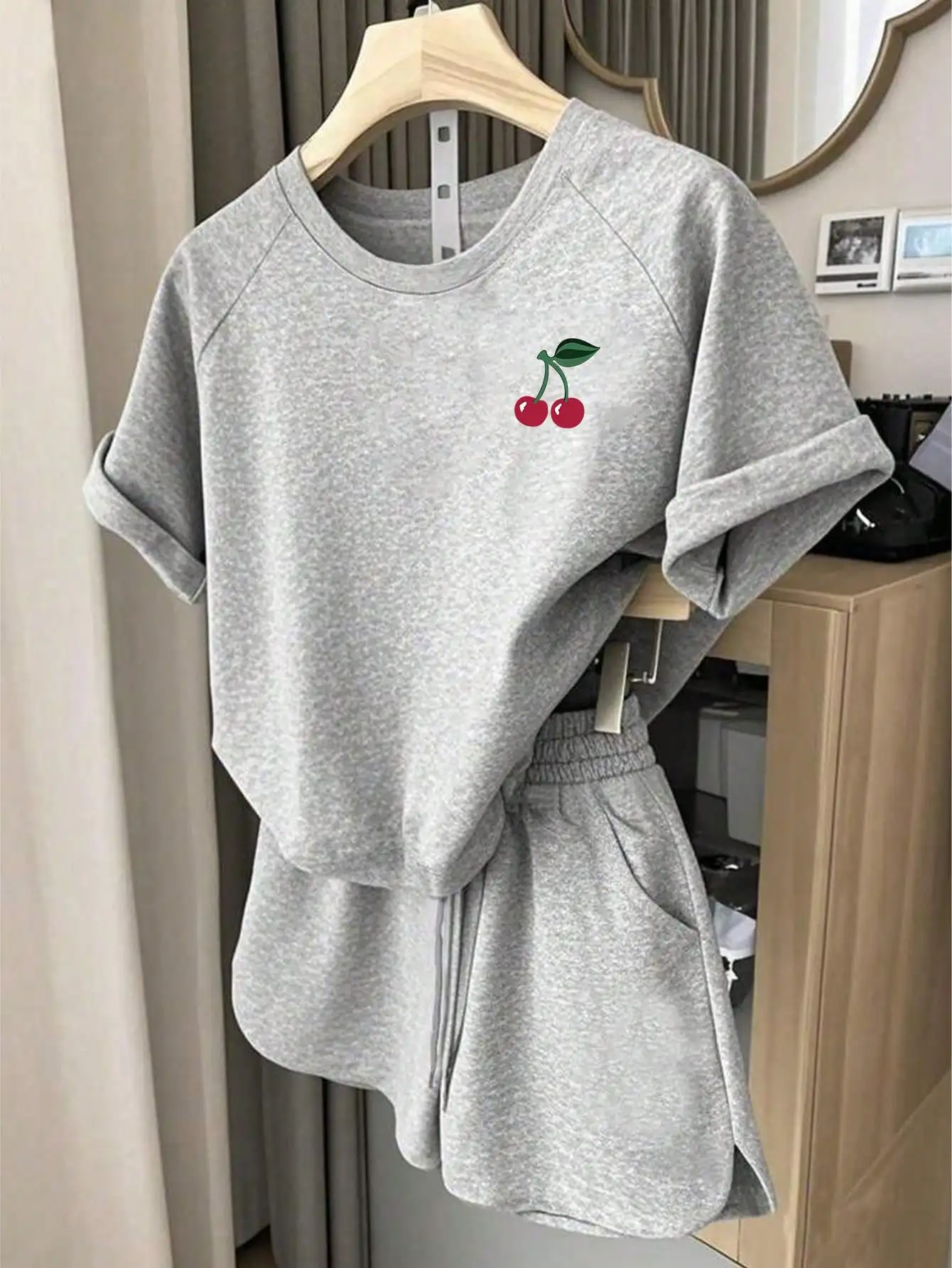 Women's Gray Cherry Print Casual 2-Piece Set with Rolled Sleeves, Summer Lounge Wear