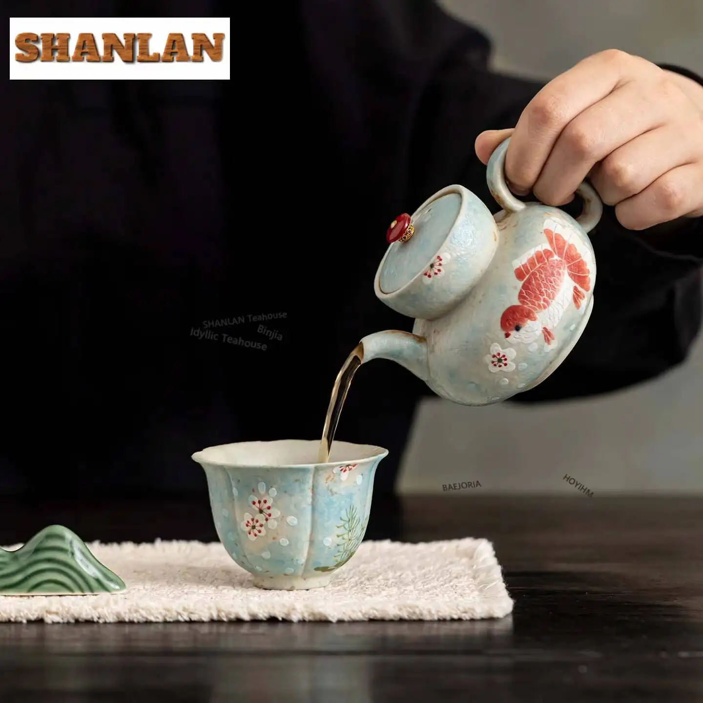 175ml Flint Red Hand-painted Koi Fish Teapot Handmade Tea Infuser Pot Tea Making Kettle with Ball Hole for Tea Accessories Gifts
