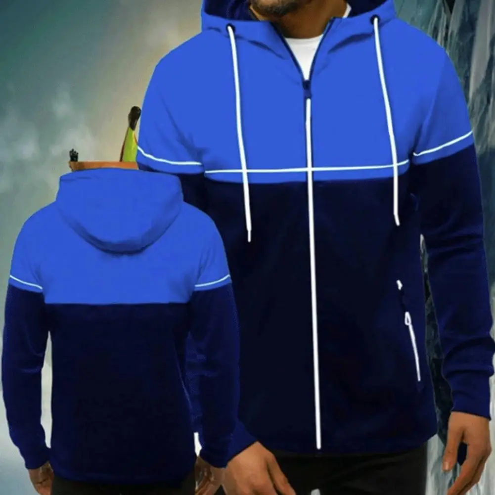 Hooded Jacket Zipper Closure Contrast Color Ribbed Hem Men Warm Casual Hooded Coat with Front Pockets for Daily Wear Sports