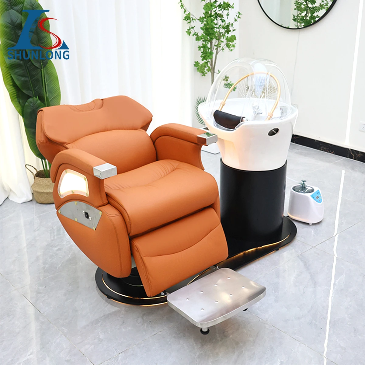 Salon Professional Electric Shampoo Chair Multifunctional Orange Brown Black Leather Head Treatment Chair With Light