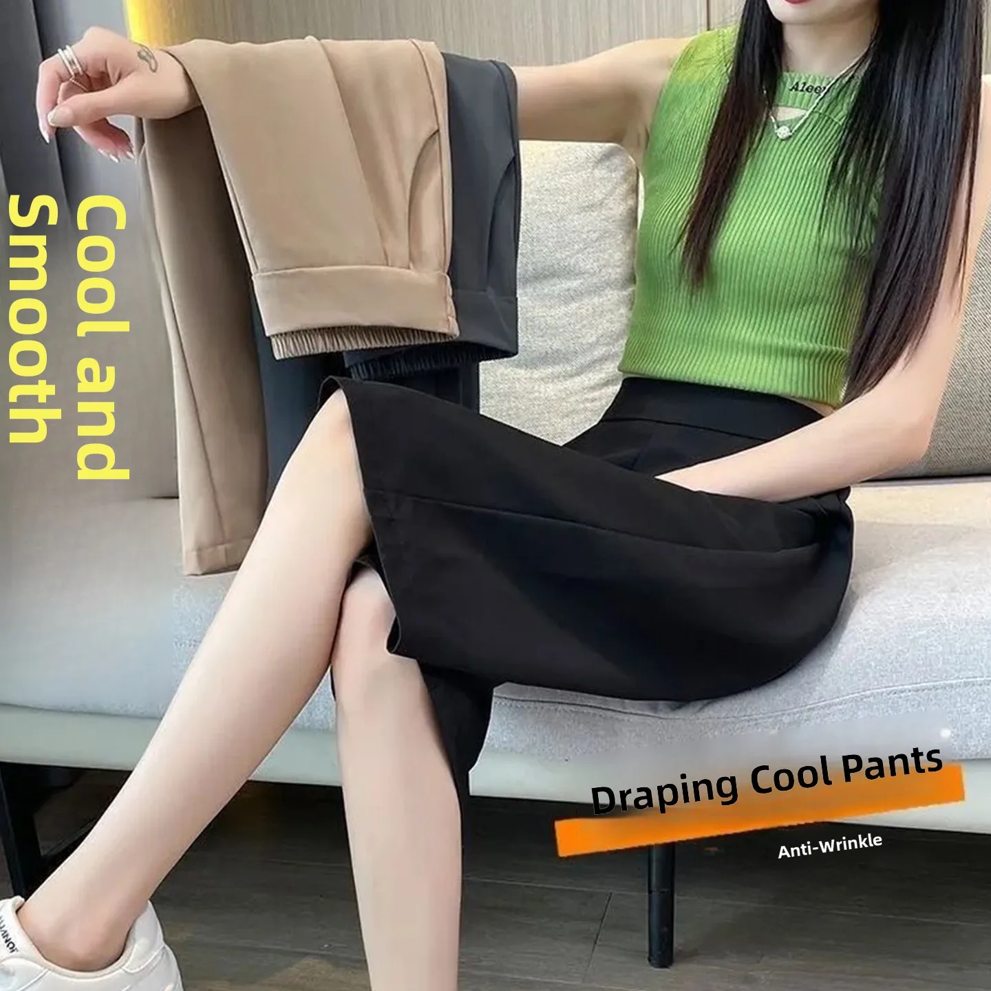Ice Silk Wide Leg Pants Women's Summer Thin Large Size Flattering Loose BF Lazy Style Small Height Seven-Foot Wide Leg Pants