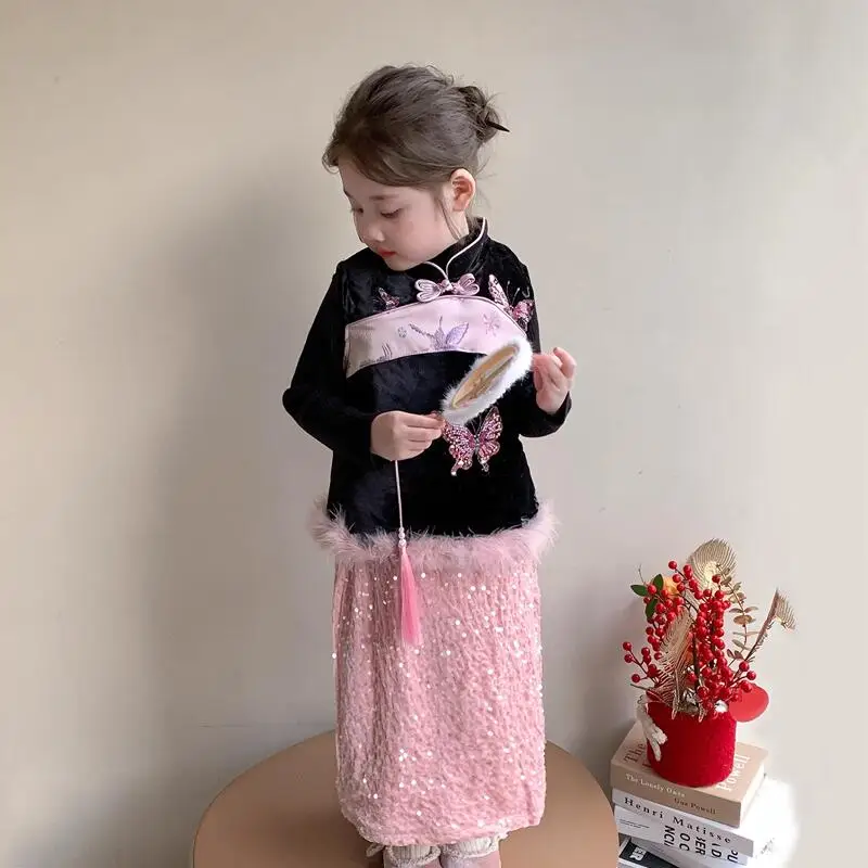Girl Thicken Vest Sweater Skirt Three-Piece Set Autumn Winter Tops Suit Child Versatile Kawaii Fashion New Style Casual Clothing