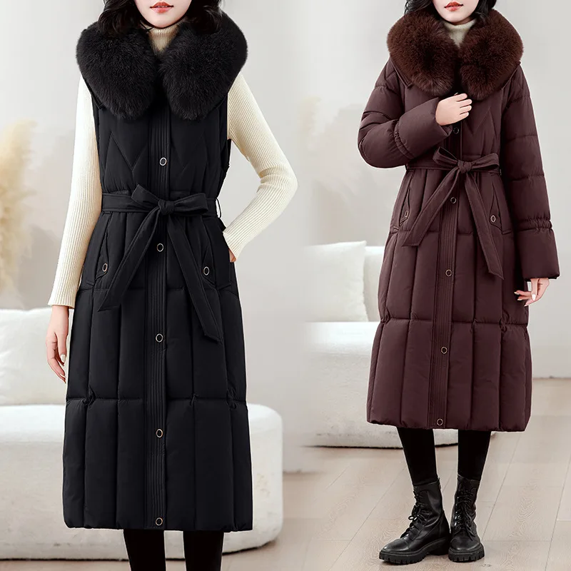 Winter Padded Coats Women Loose Solid Faux Fur Collar Windproof Warm Pockets Removable Sleeves Long Over Knee Outer Garment