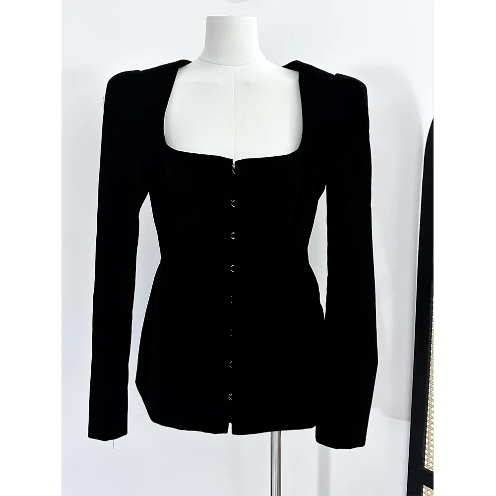 Senior sense of imperial sister style black square collar waist long-sleeved blazer female 2024 autumn new