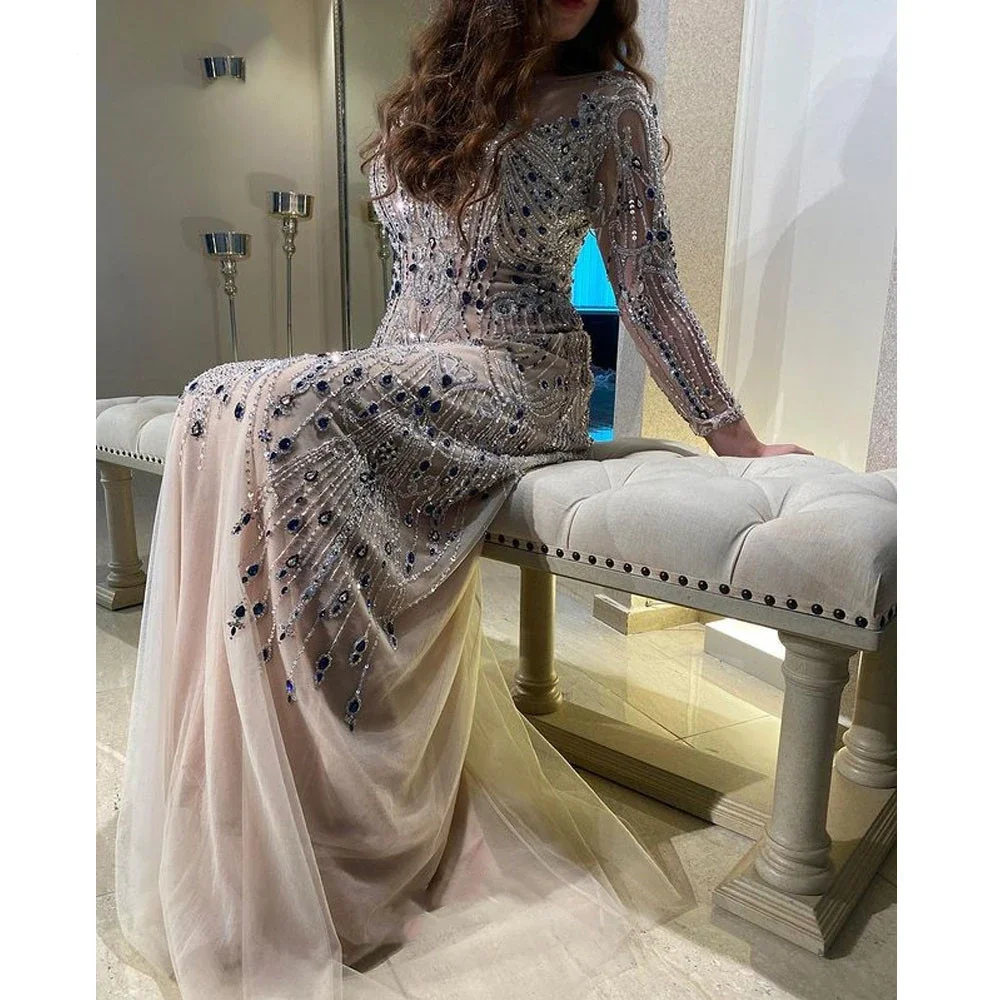 2024 Haute Couture Dubai Luxury Mermaid Sweetheart Evening Dress For Women Long Sleeves Beading Crystal Formal Prom Dress