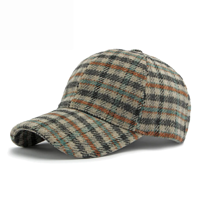 Thick Windproof Wool Check Baseball Cap Truckers Hat Outdoor Winter Structured Plaid Checked Print for Men Women Keep Warm