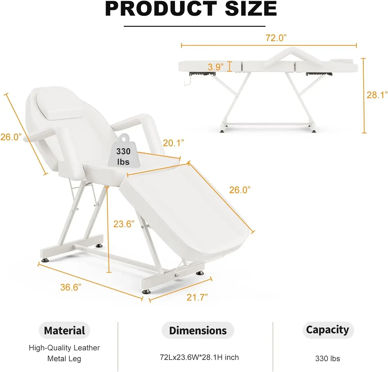 Cama de tatuaje profesional con bolsillo de almacenamiento, mesa de masaje ajustable con gancho para toalla, silla plegable para pestañas para cliente, blanco