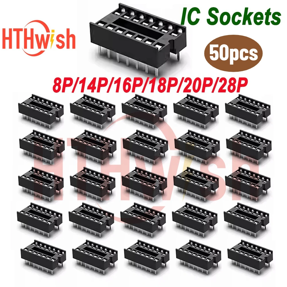 50pcs/lot IC Sockets DIP8 DIP14 DIP16 DIP18 DIP20 DIP28 pins Connector DIP Socket 8P 14P 16P 18P 20P 28P