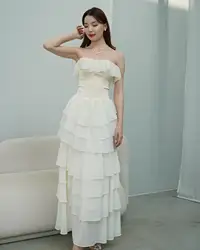 Aenyrst Saudi Elegant Strapless Prom Gown Women Chiffon Tiered Party Evening Dress Ankle Length Mermaid Formal Occasion Dresses